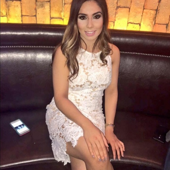 White and nude lace midi dress with tan lining - Picture 4 of 4